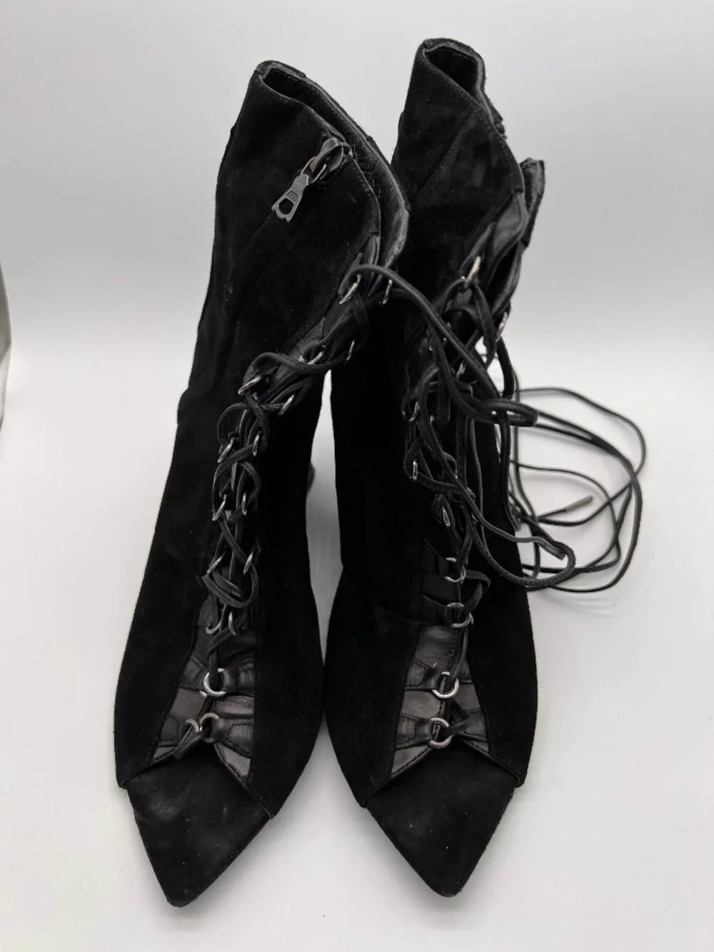 Narciso Rodriguez Black Suede Peep Toe Corset Lace Up Wedge Booties Size 8